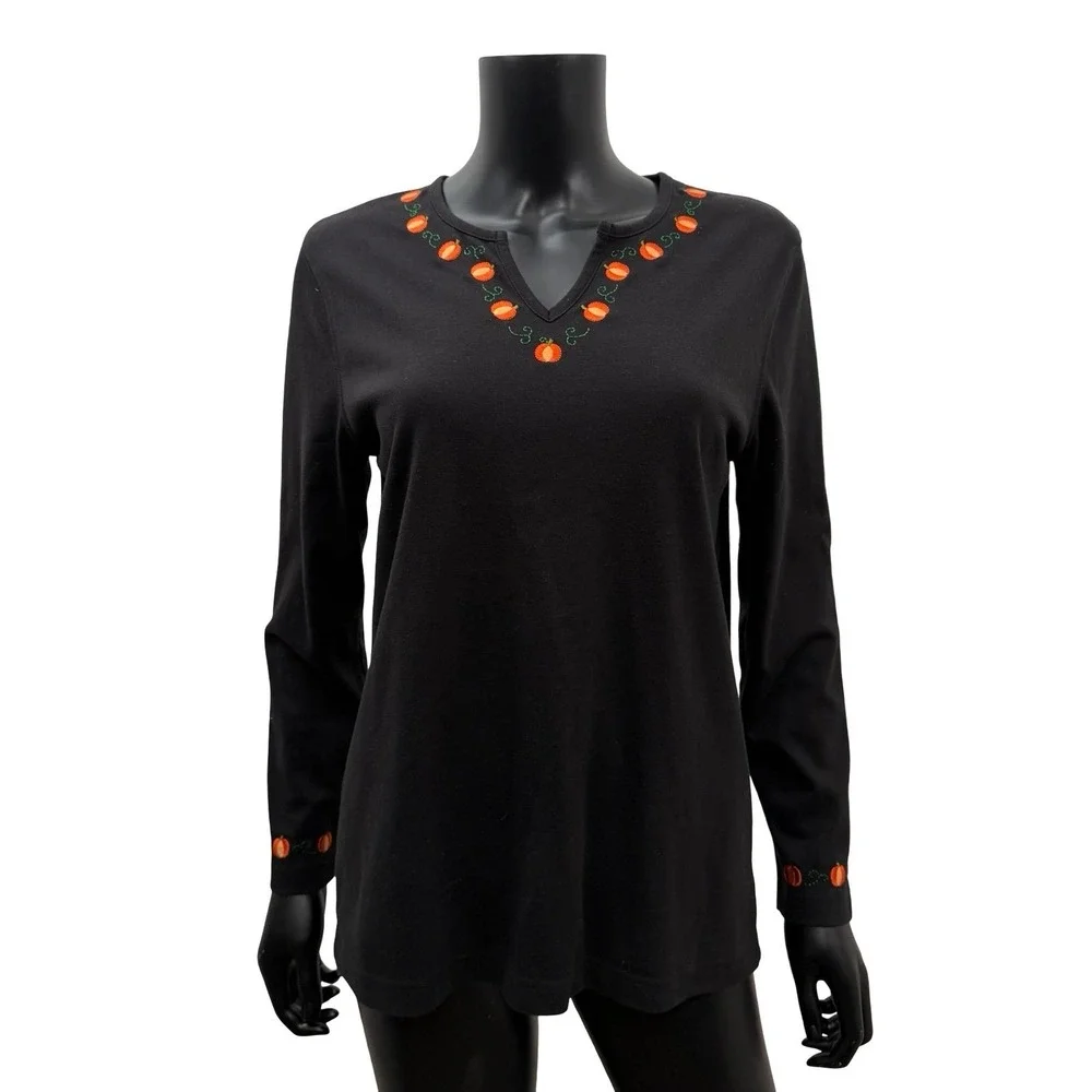 Design America Studio Treat Pumpkin Embroidered Black Top Women L Fall Halloween